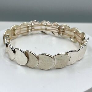 Vintage Silver Tone Disc Link Stretch Bracelet Minimalist Modern Retro Jewelry